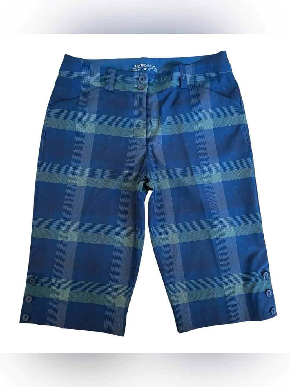 Nike Golf Dri-FIT Blue Plaid Bermuda Golf Shorts Women’s Size 8 Stretch
